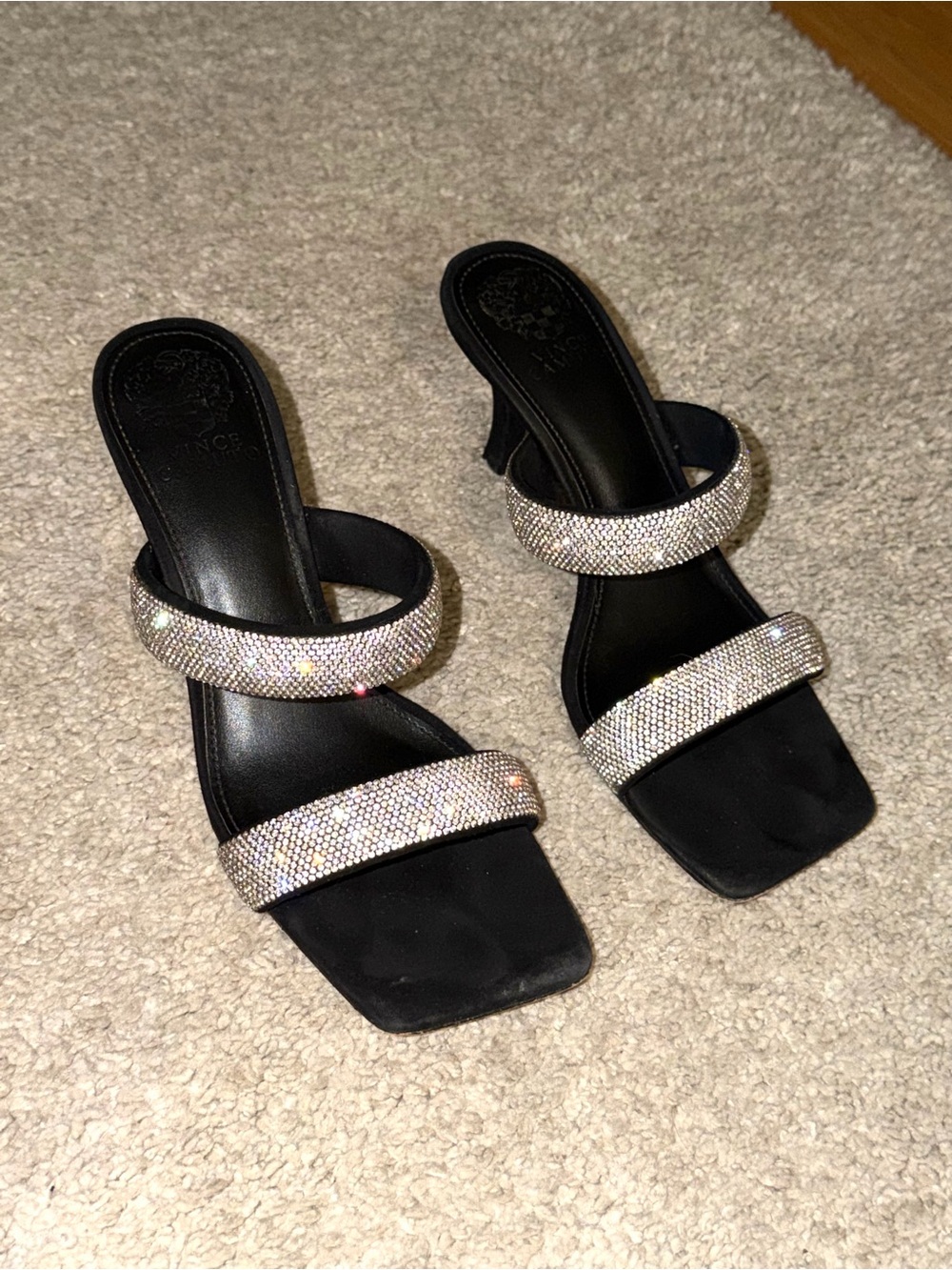 Black Rhinestone Double-Strap Slide Heels - Women